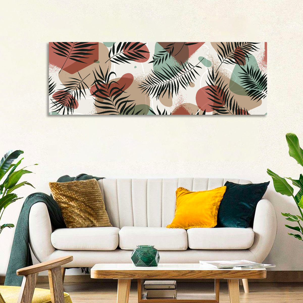Geometric Tropical Pattern Wall Art in a room, panoramic