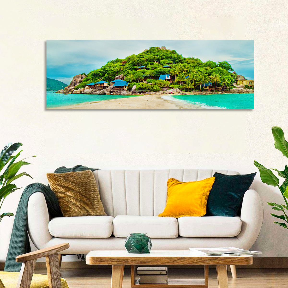 Koh Nang Yuan Sandbar Island Beach Wall Art in a room, panoramic