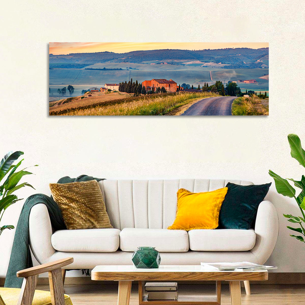 Tuscan Country Road Wall Art in a room, panoramic