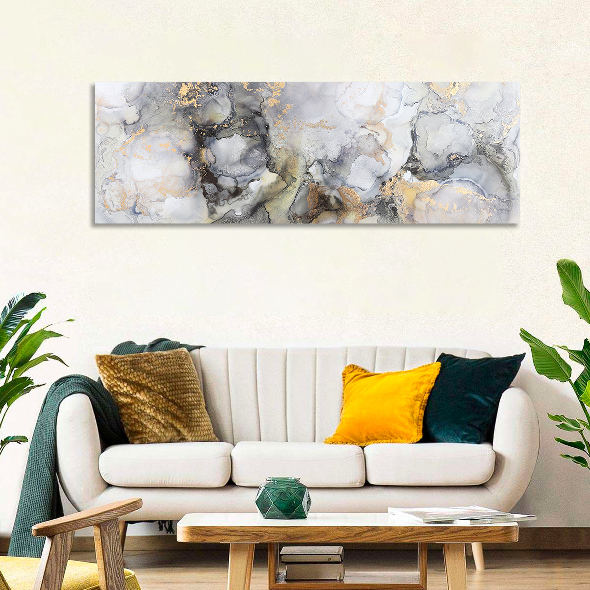 Gold Foil Marble Abstract Wall Art in a room, panoramic
