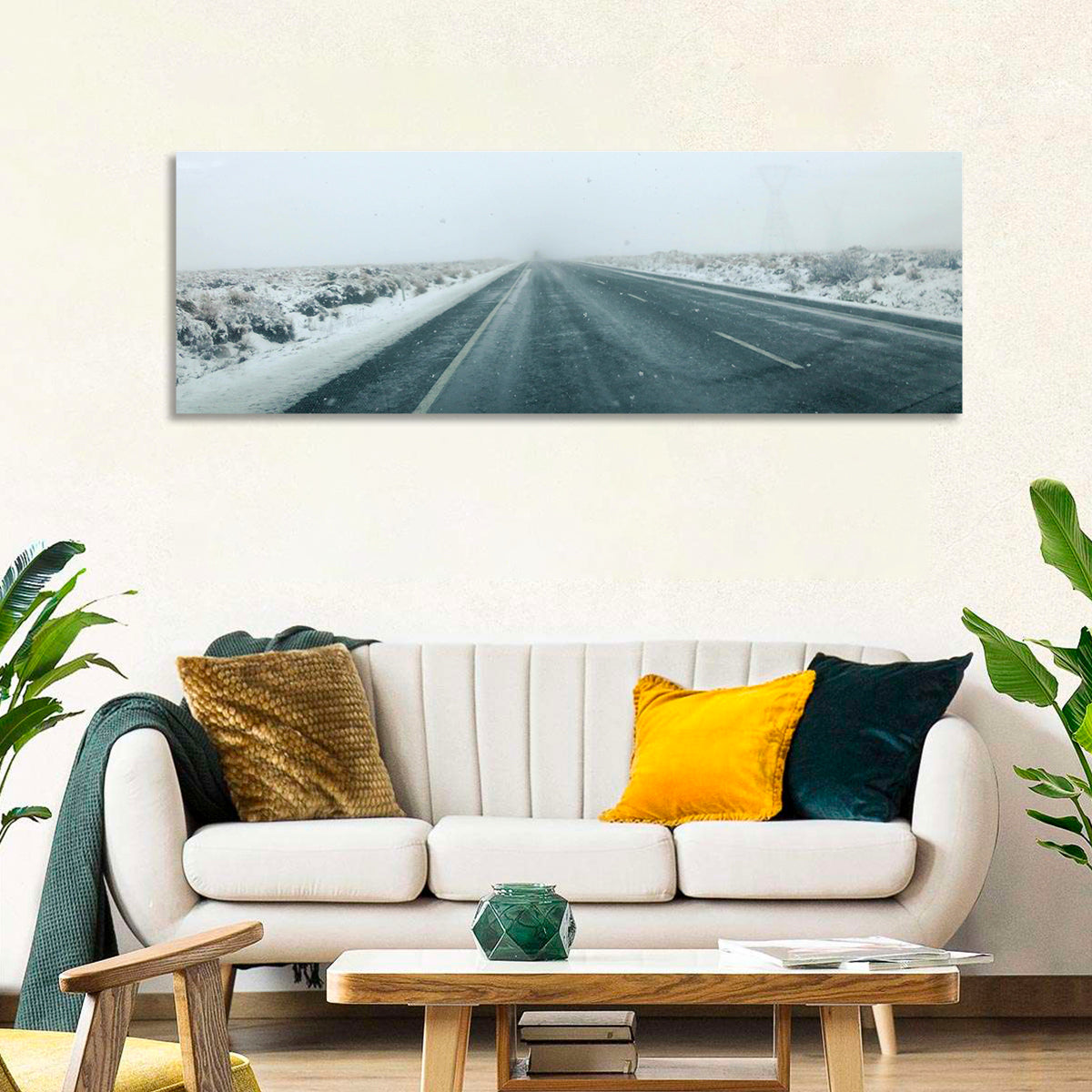 Foggy Winter Mountain Road Wall Art in a room, panoramic