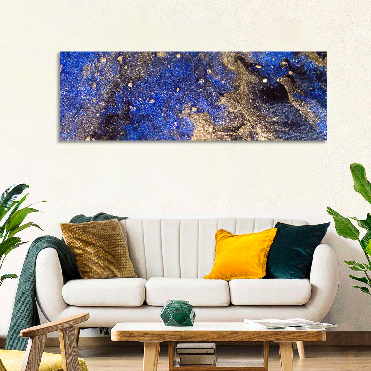 Blue Rush Abstract Wall Art in a room, panoramic