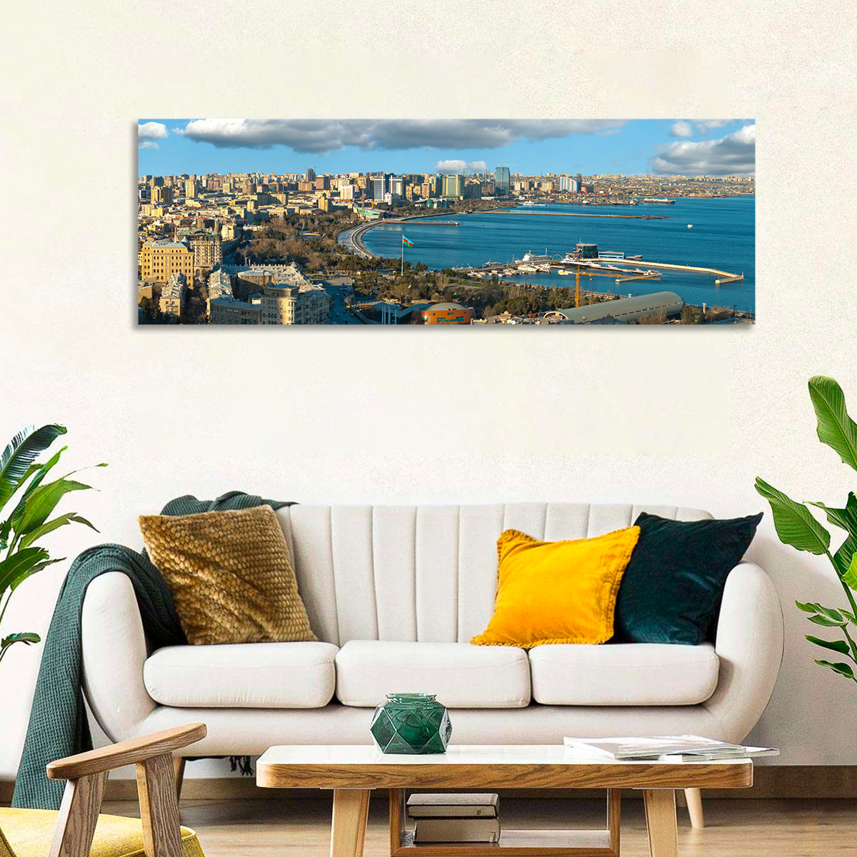 Baku Waterfront Skyline Wall Art in a room, panoramic