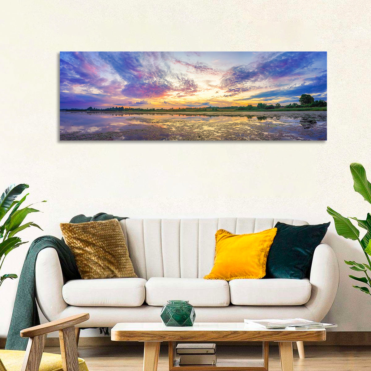Golden Sunrise Over Lake Wall Art in a room, panoramic