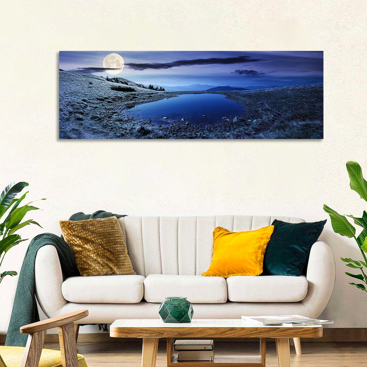 Mountain Lake at Night Wall Art in a room, panoramic