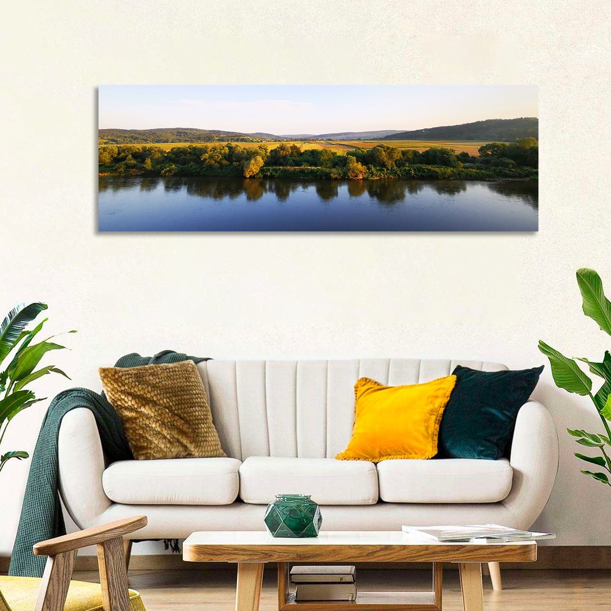 Peaceful River Sunset Wall Art in a room, panoramic