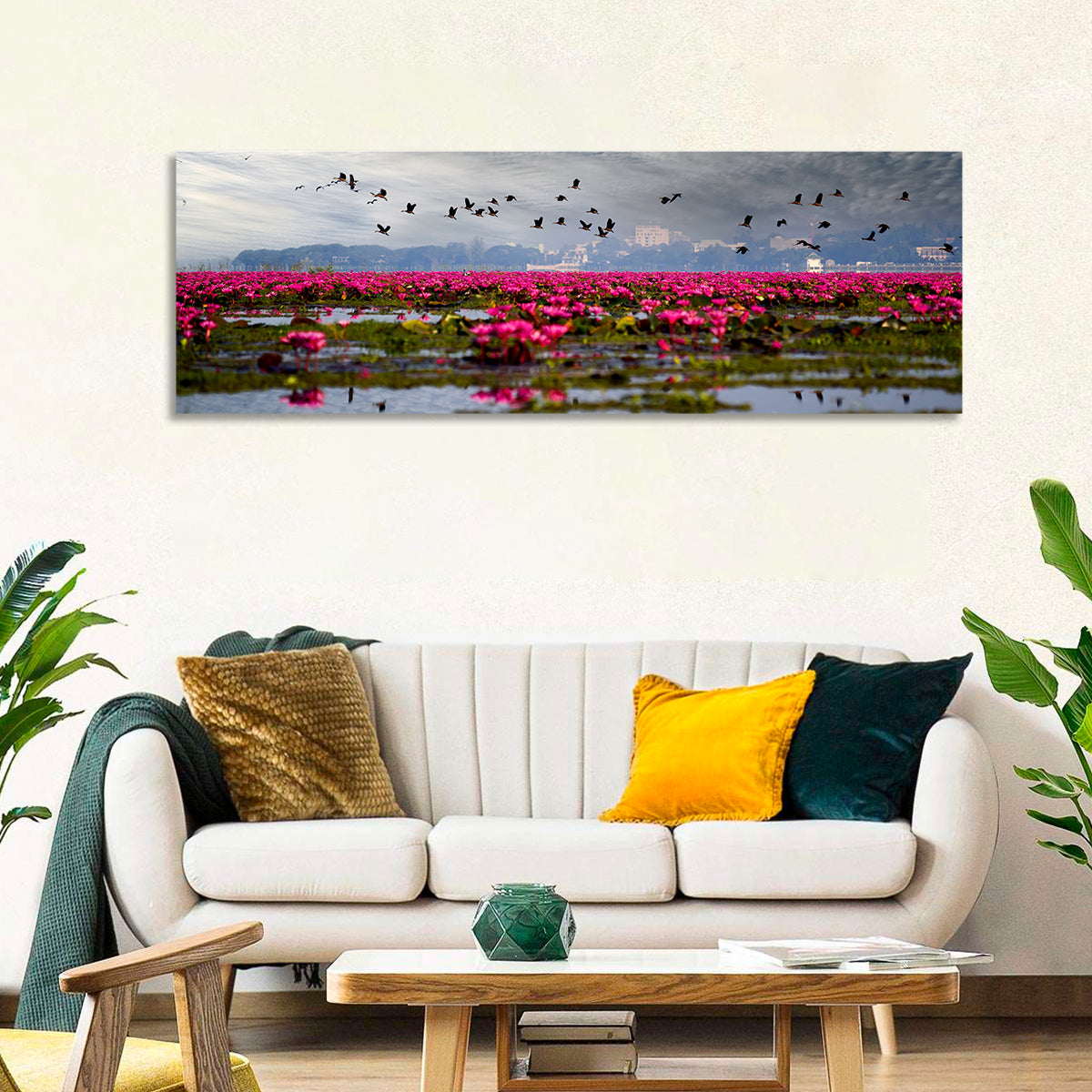 Red Lotus Lake Wall Art in a room, panoramic