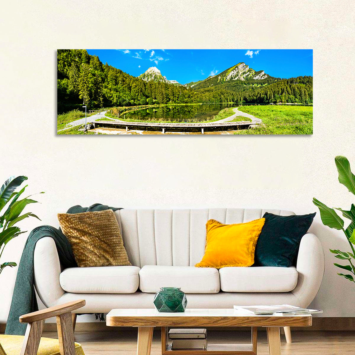 Seealpsee Footbridge Alpine Lake Wall Art in a room, panoramic