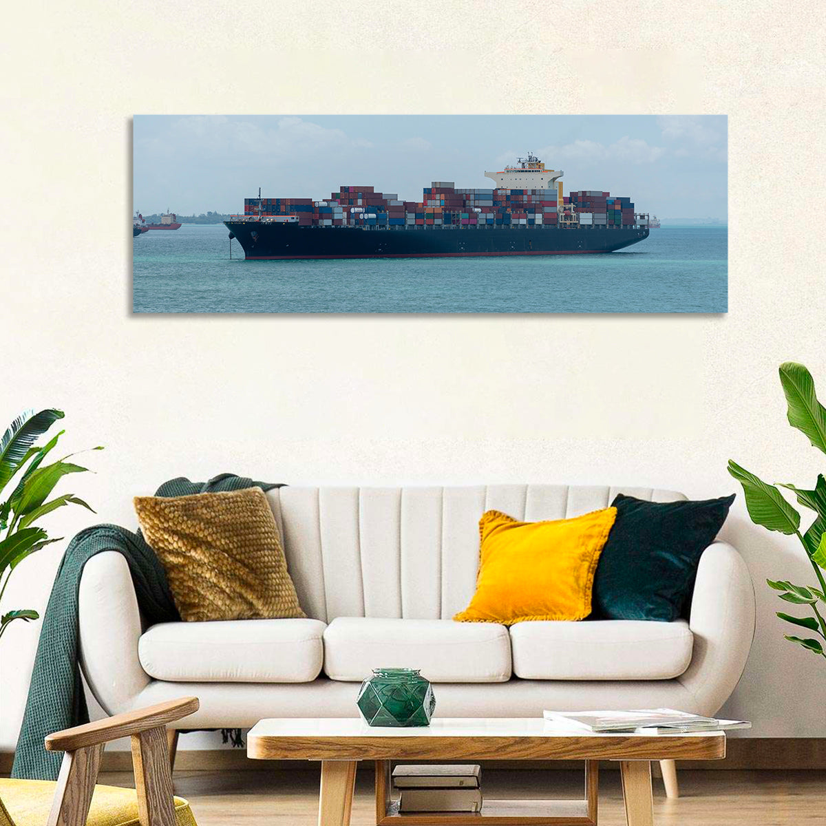 Harbor Container Ship at Sea Wall Art in a room, panoramic