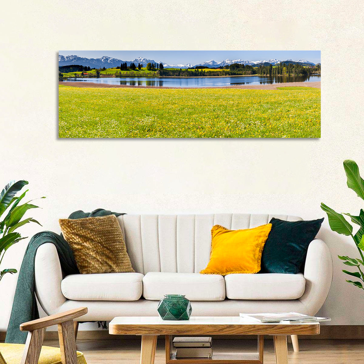 Alpine Lake Meadow with Dandelions Wall Art in a room, panoramic