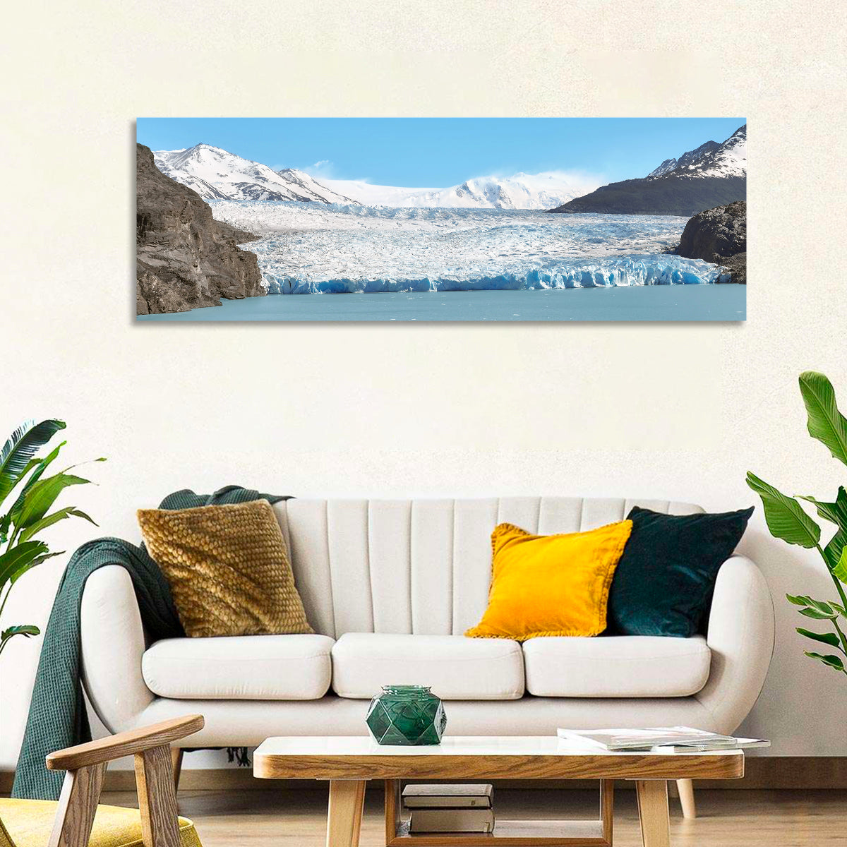 Grey Glacier and Blue Glacial Lake Wall Art in a room, panoramic