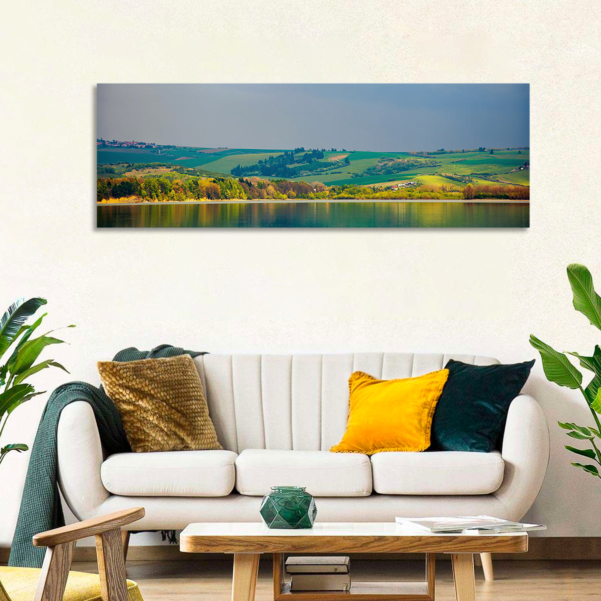 Liptovska Mara Lake Reflection Wall Art in a room, panoramic