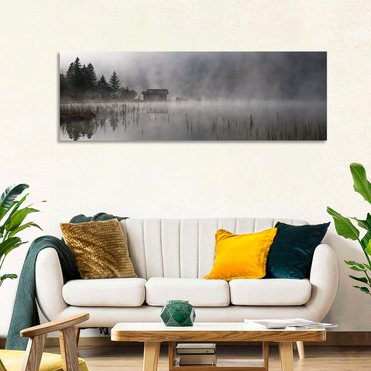 Ferchensee Morning Mist Wall Art in a room, panoramic