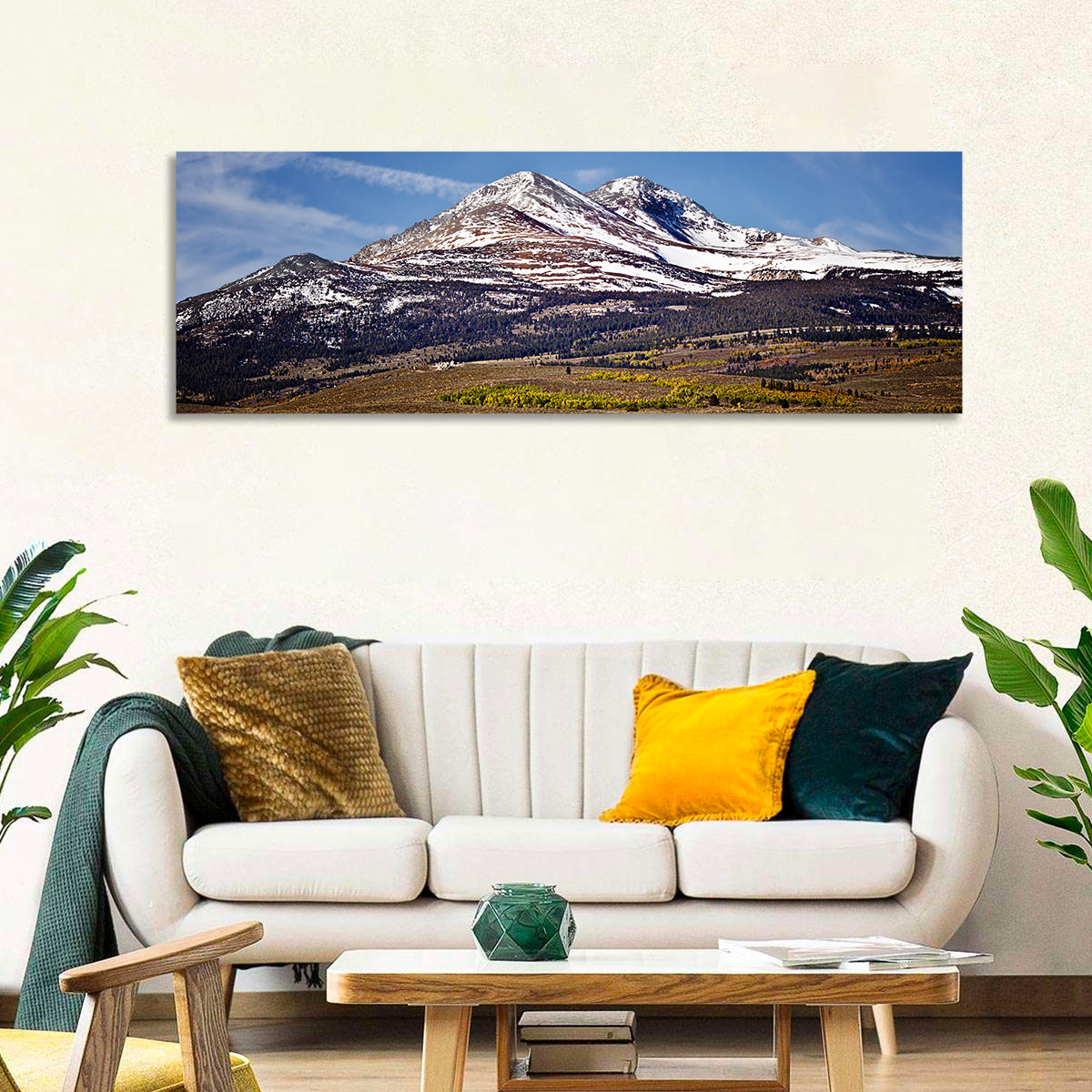 Sierra Nevada Snow Capped Peaks Wall Art in a room, panoramic
