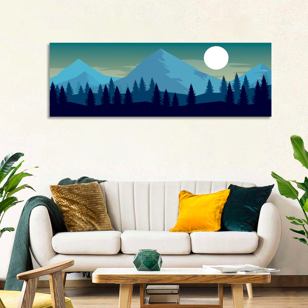 Moonlit Snowy Mountain Forest Wall Art in a room, panoramic