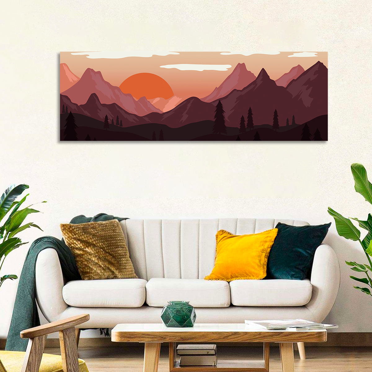 Mars Sunset Over Mountains Wall Art in a room, panoramic