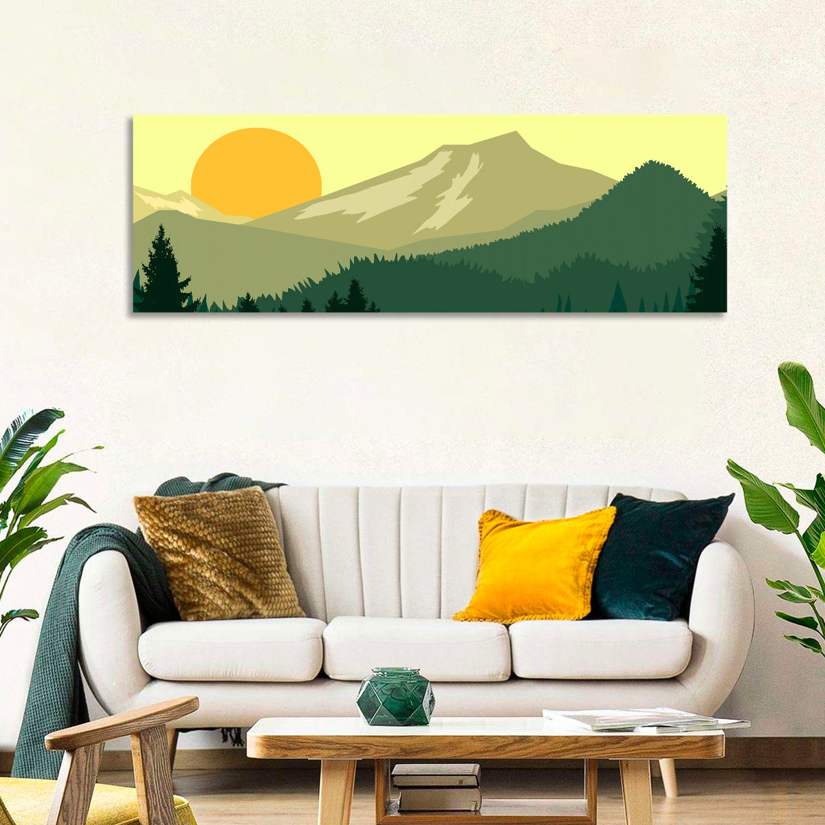 Sunset Over Green Mountains Wall Art in a room, panoramic
