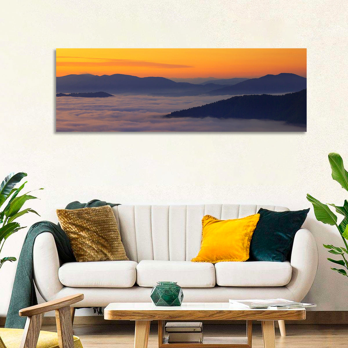 Cloud Sea Over Mountains at Golden Dawn Wall Art in a room, panoramic