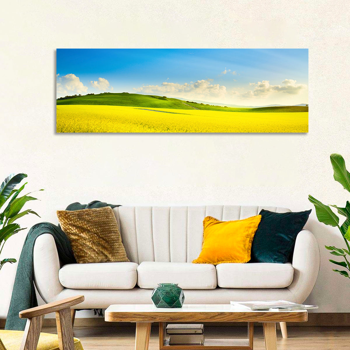 Rapeseed Field and Rolling Hills Under Blue Sky Wall Art in a room, panoramic