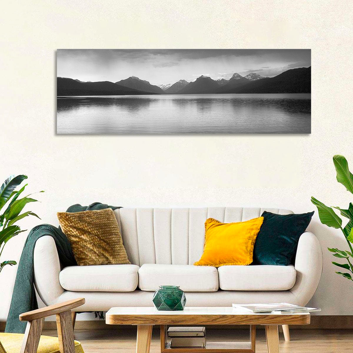 Lake Mcdonald Monochrome Reflection Wall Art in a room, panoramic