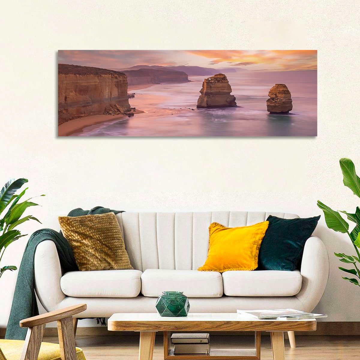 Twelve Apostles Sunset Sea Stacks Wall Art in a room, panoramic