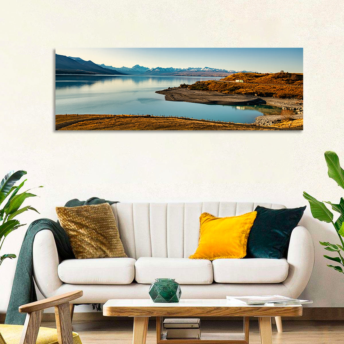 Lake Pukaki Golden Hour with Mount Cook Wall Art in a room, panoramic