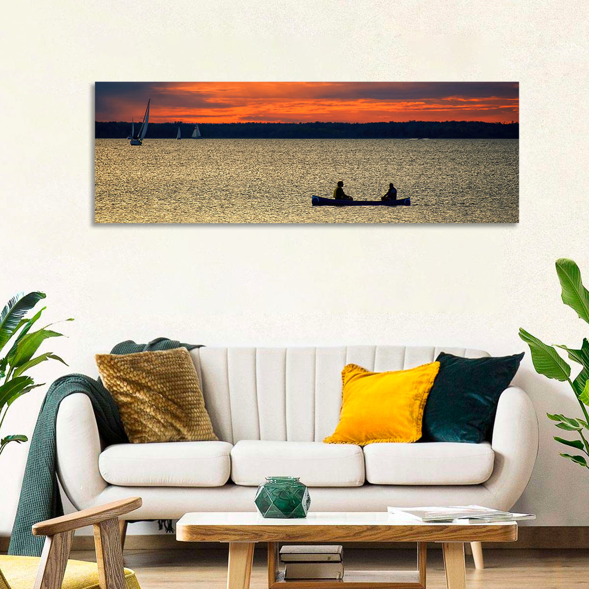Ottawa River Sunset Canoe Wall Art in a room, panoramic