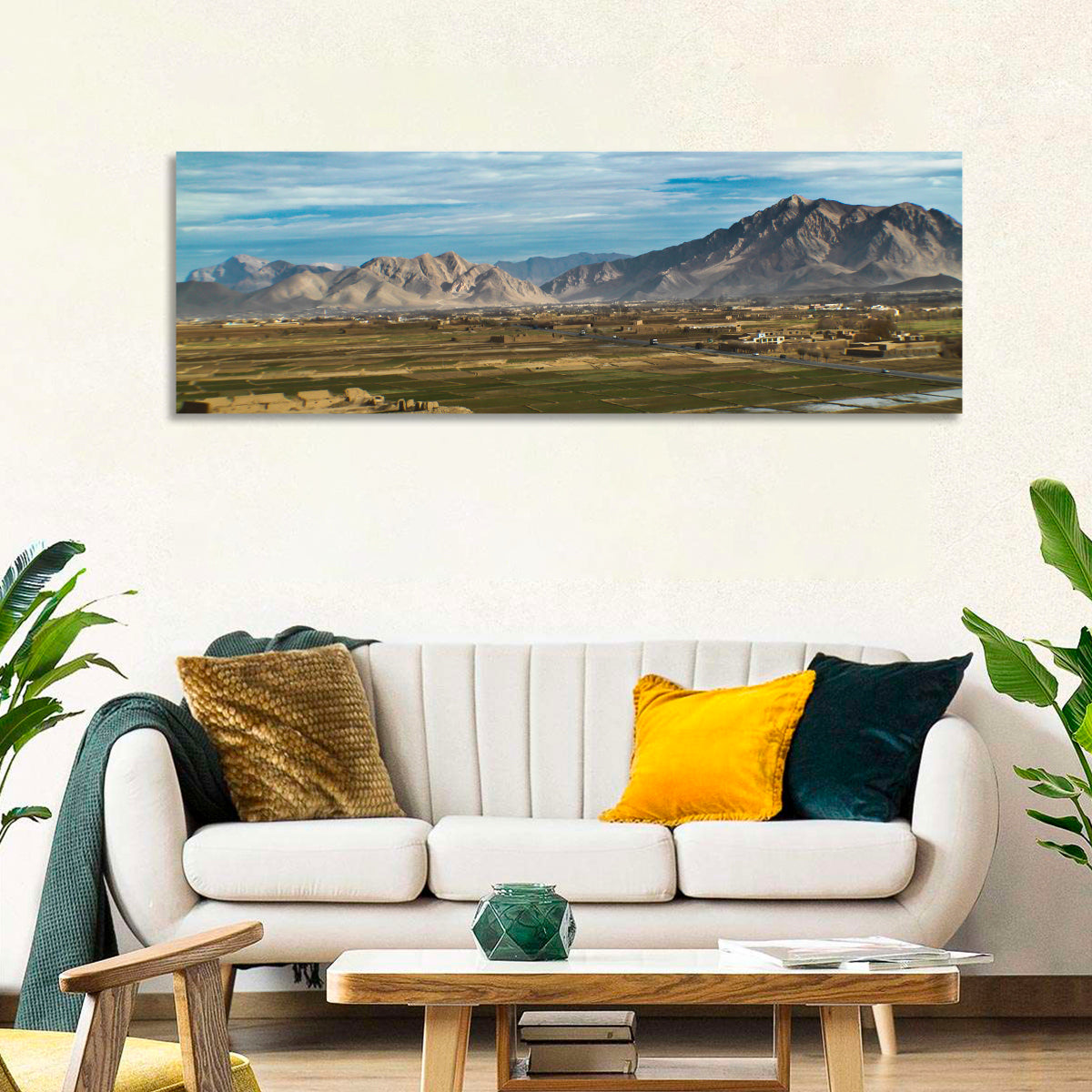 Patchwork Farmland Landscape Wall Art in a room, panoramic