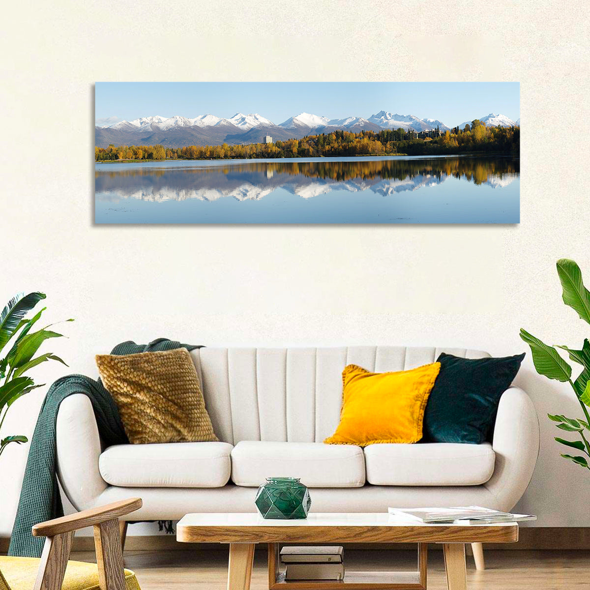 Anchorage Autumn Reflection and Chugach Mountains Wall Art in a room, panoramic
