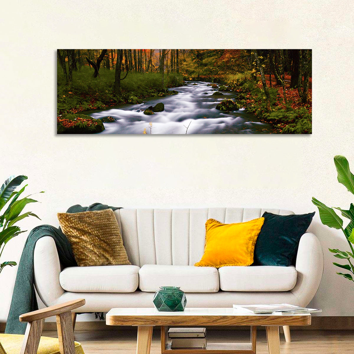 Autumn Forest Stream Wall Art in a room, panoramic