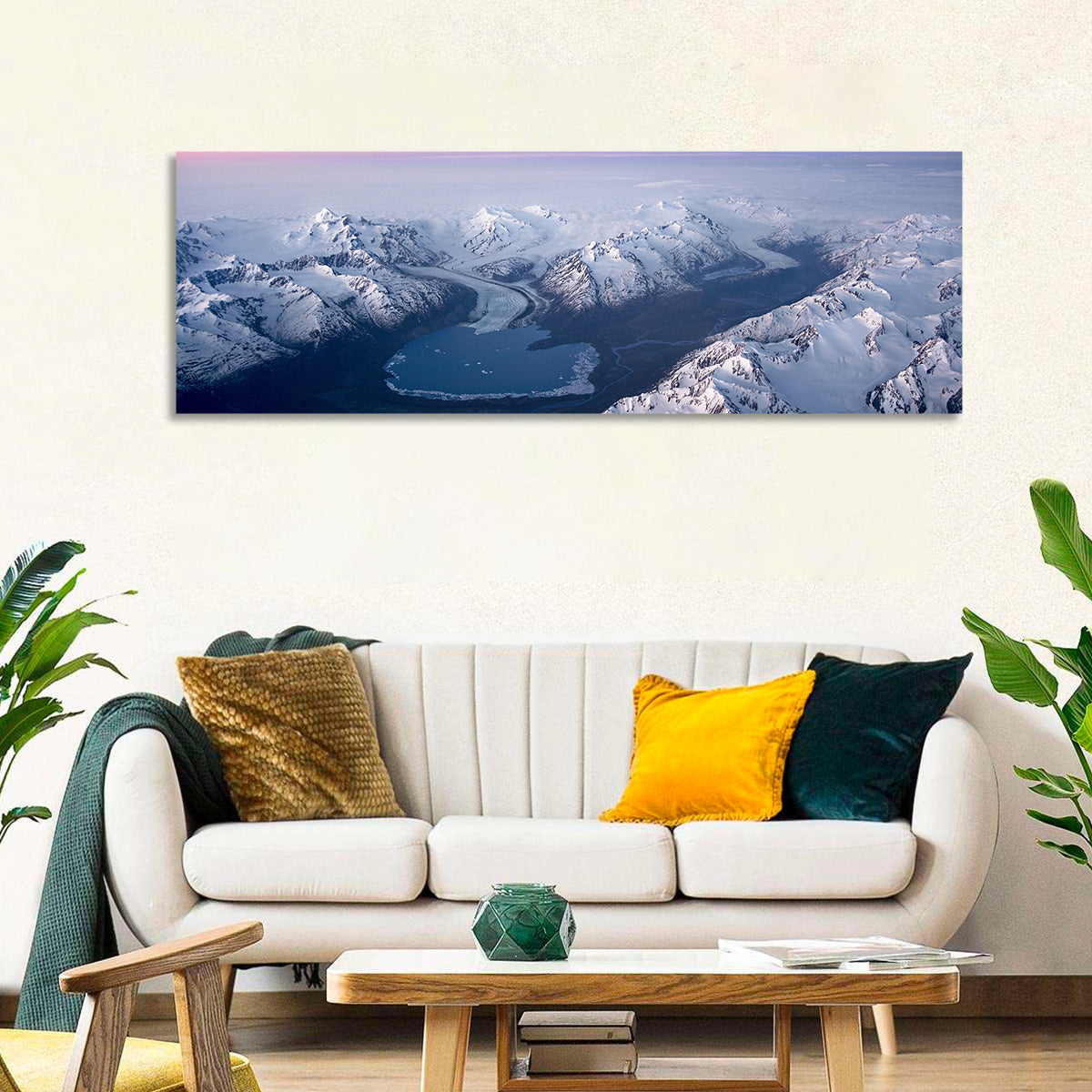 Lake George Alpenglow Wall Art in a room, panoramic