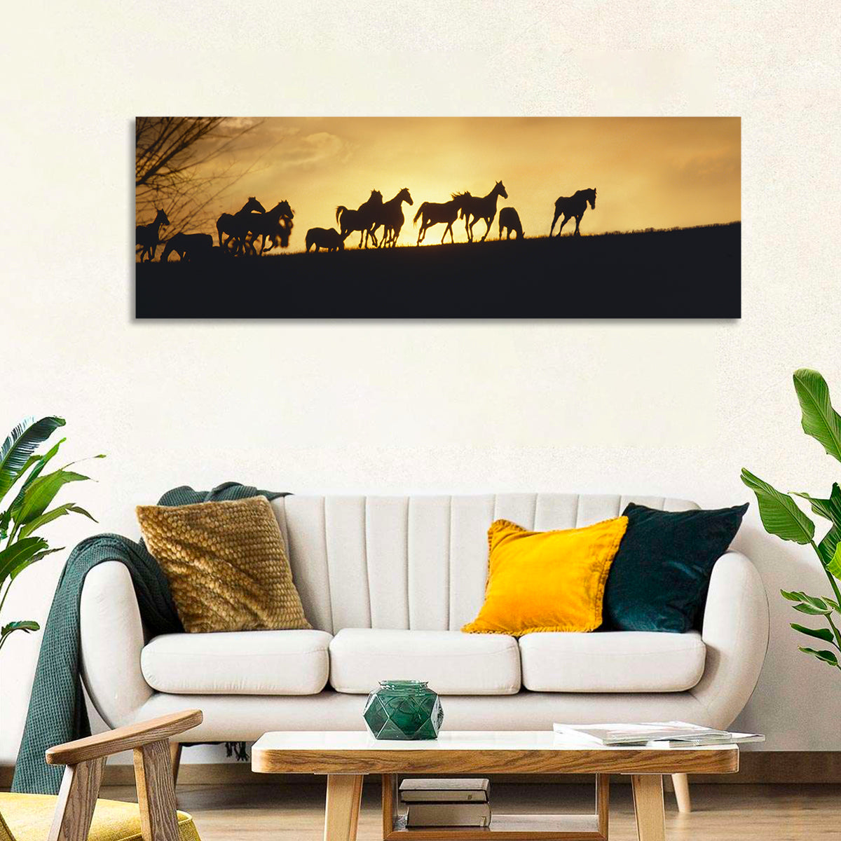Mustang Silhouettes at Sunset Wall Art in a room, panoramic