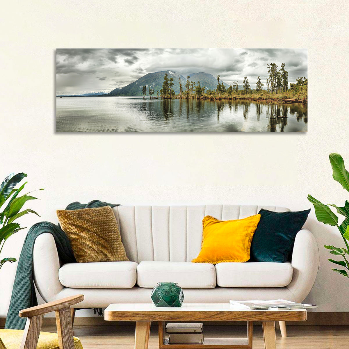 Lake Brunner Reflections Wall Art in a room, panoramic