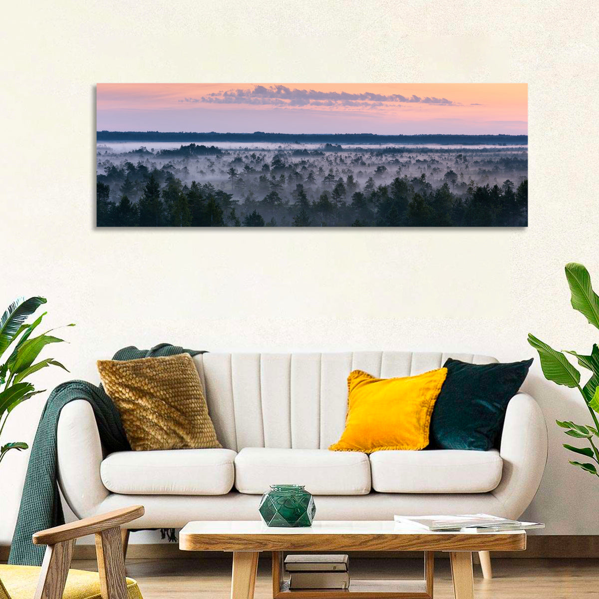 Estonian Misty Pine Landscape Wall Art in a room, panoramic