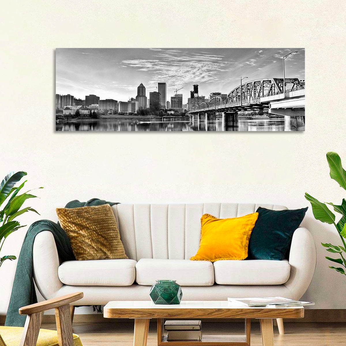 Portland Hawthorne Bridge Skyline Wall Art in a room, panoramic