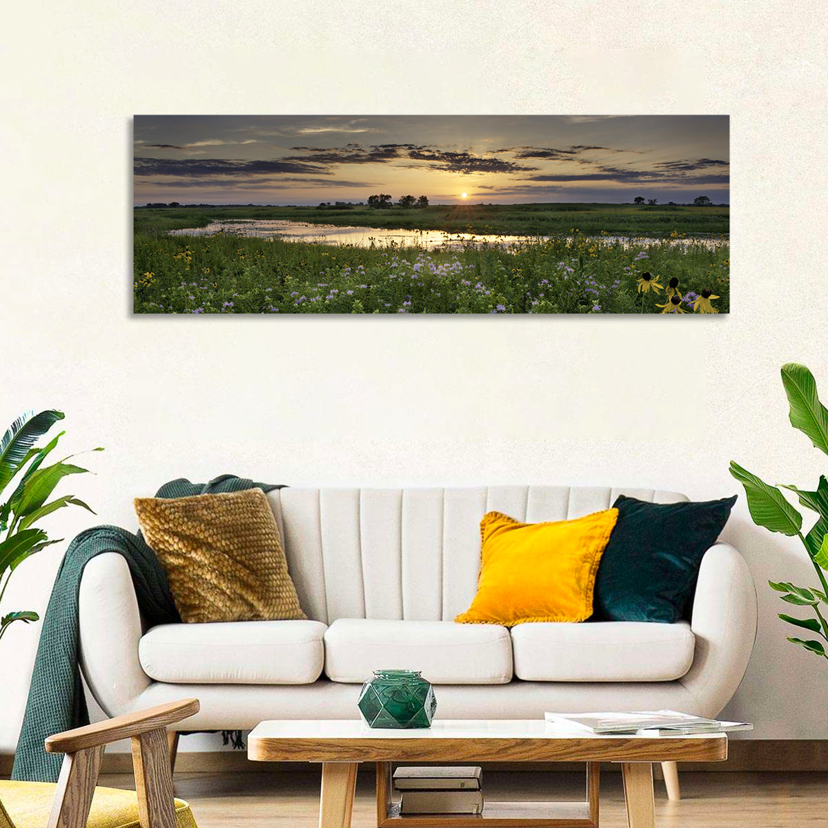 Illinois Fields Sunset Wall Art in a room, panoramic