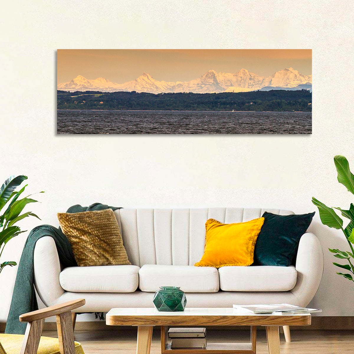 Lake Neuchatel Golden Hour Wall Art in a room, panoramic