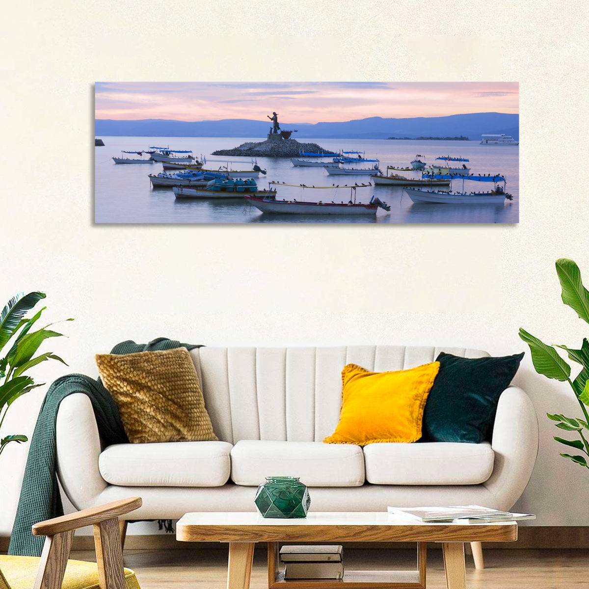 Lake Chapala Islet Sunrise Wall Art in a room, panoramic