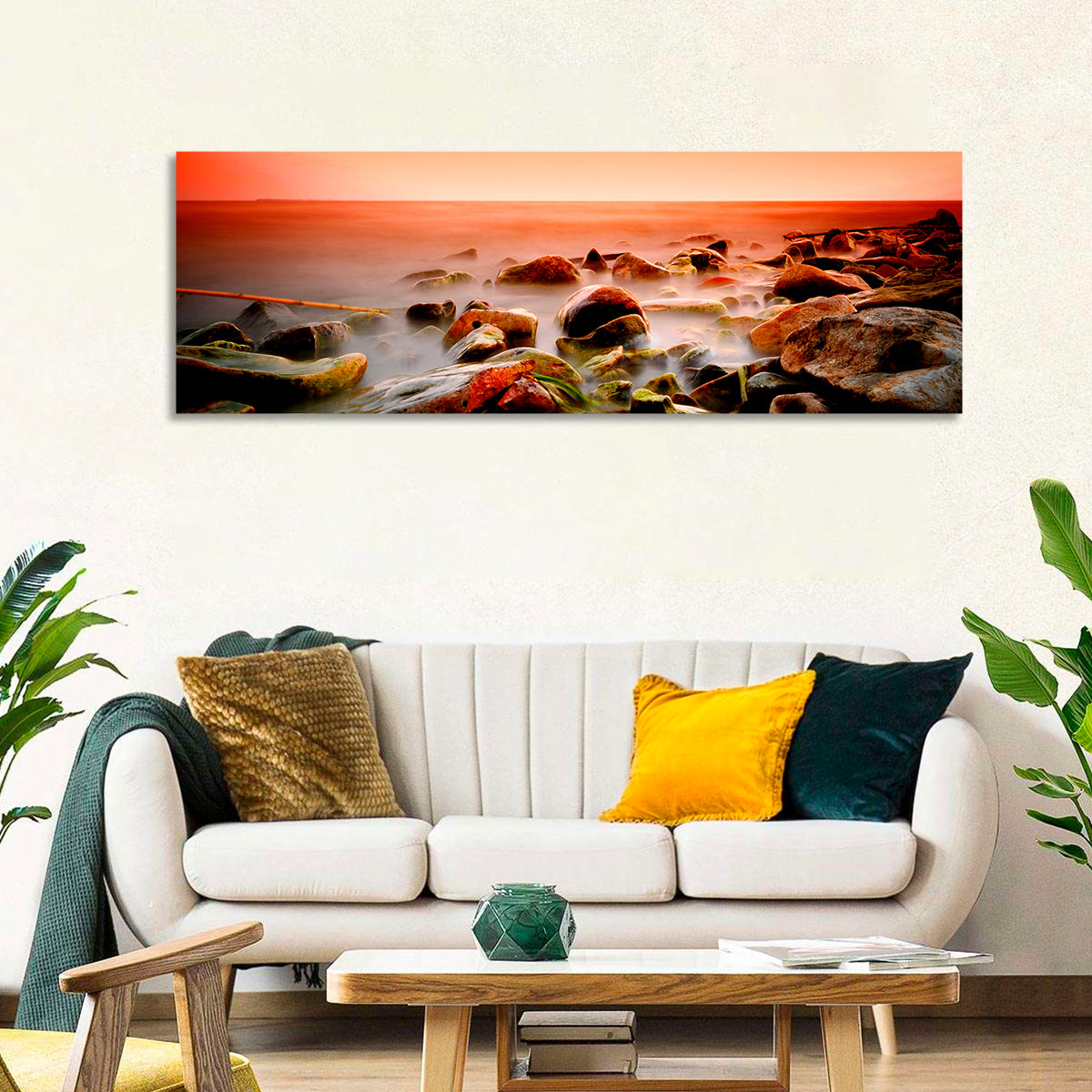 Lake Shore Sunset Wall Art in a room, panoramic