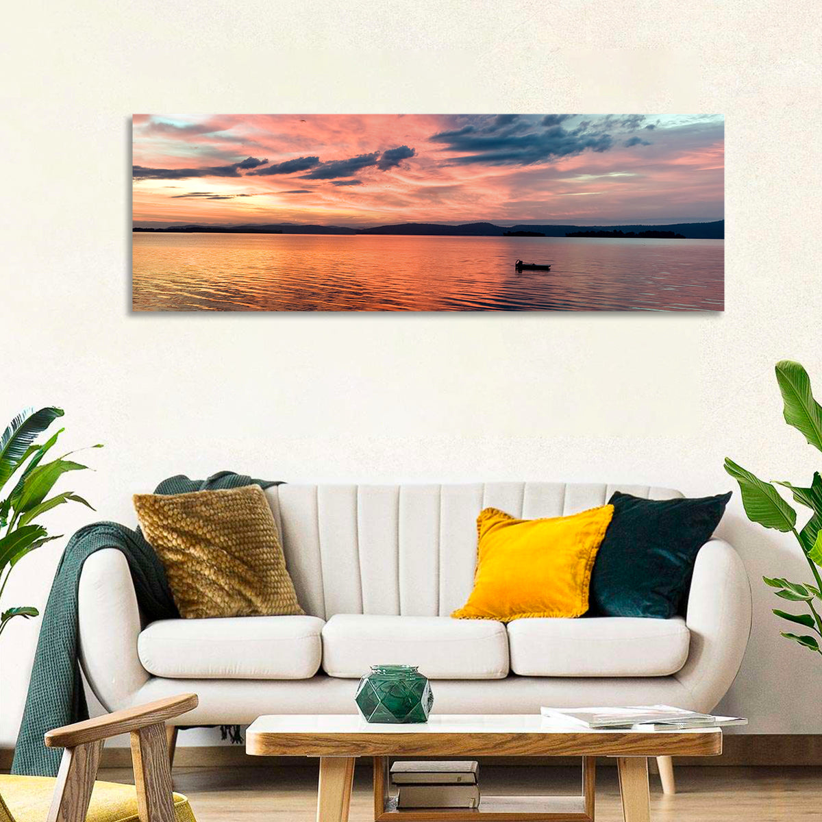Lake Champlain Sunset Wall Art in a room, panoramic