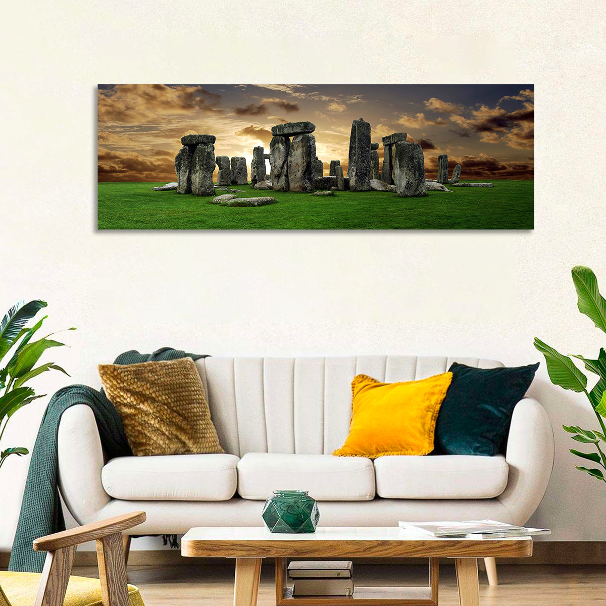 Stonehenge at Sunset Wall Art in a room, panoramic