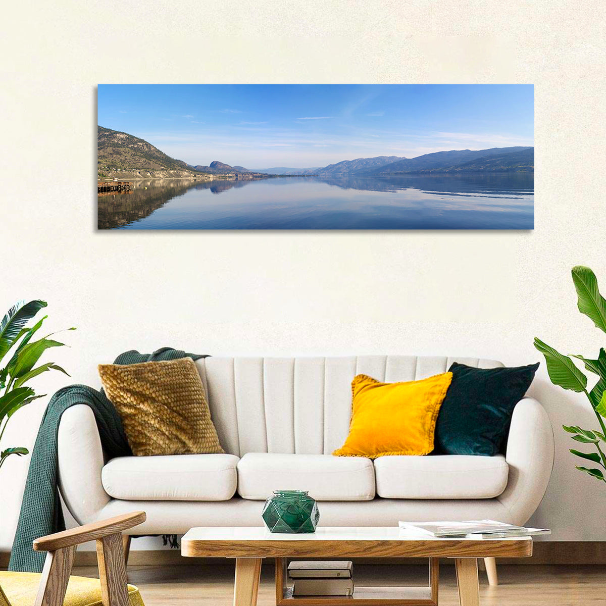 Lake Okanagan Reflection Wall Art in a room, panoramic