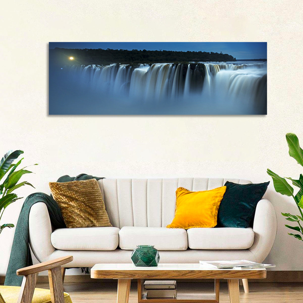 Moonlit Iguazu Falls Wall Art in a room, panoramic