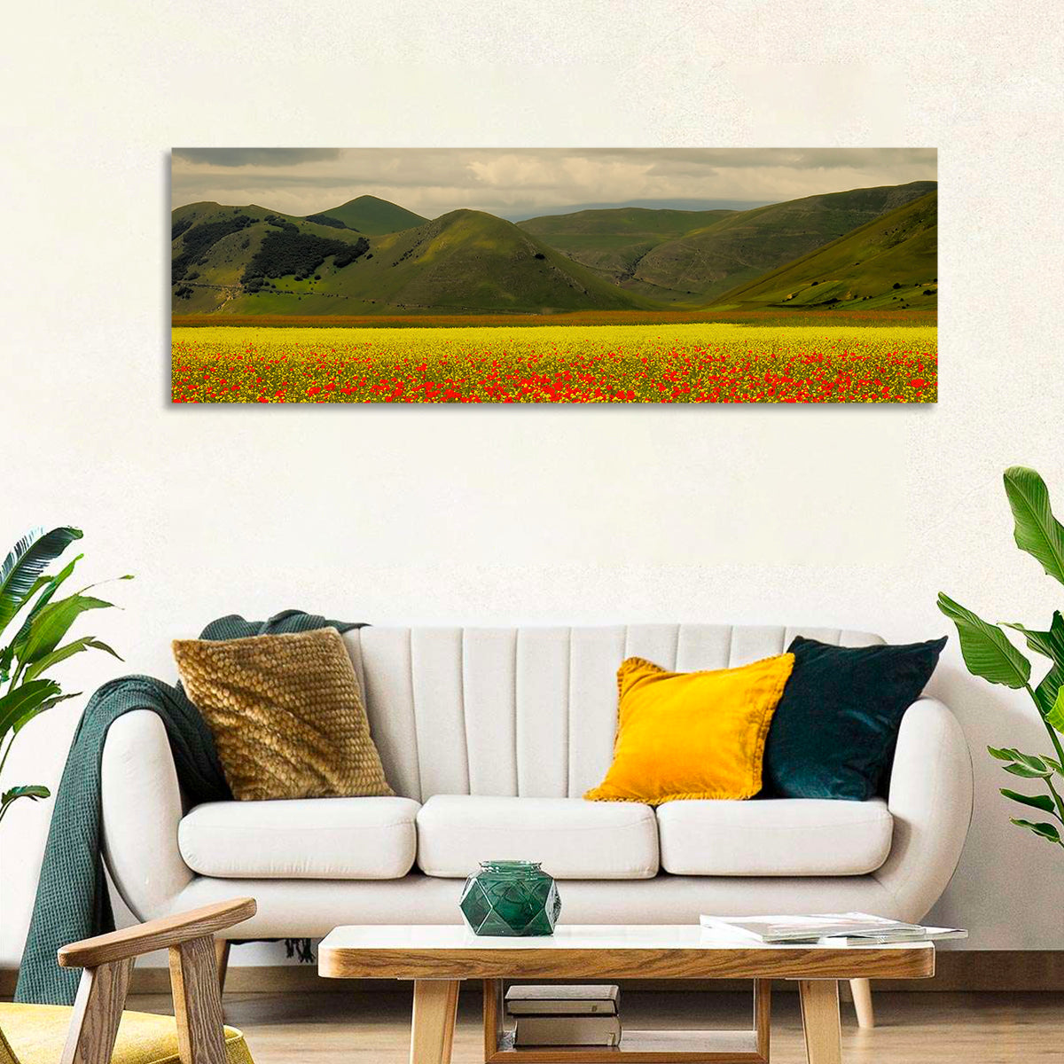 Castelluccio Wildflower Meadow Wall Art in a room, panoramic