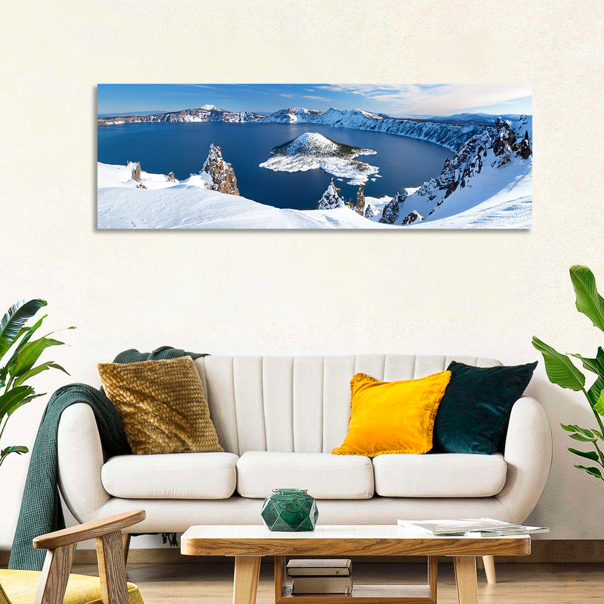 Crater Lake with Wizard Island Wall Art in a room, panoramic
