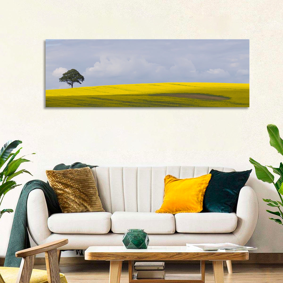 Solitary Tree Over Rapeseed Field Wall Art in a room, panoramic