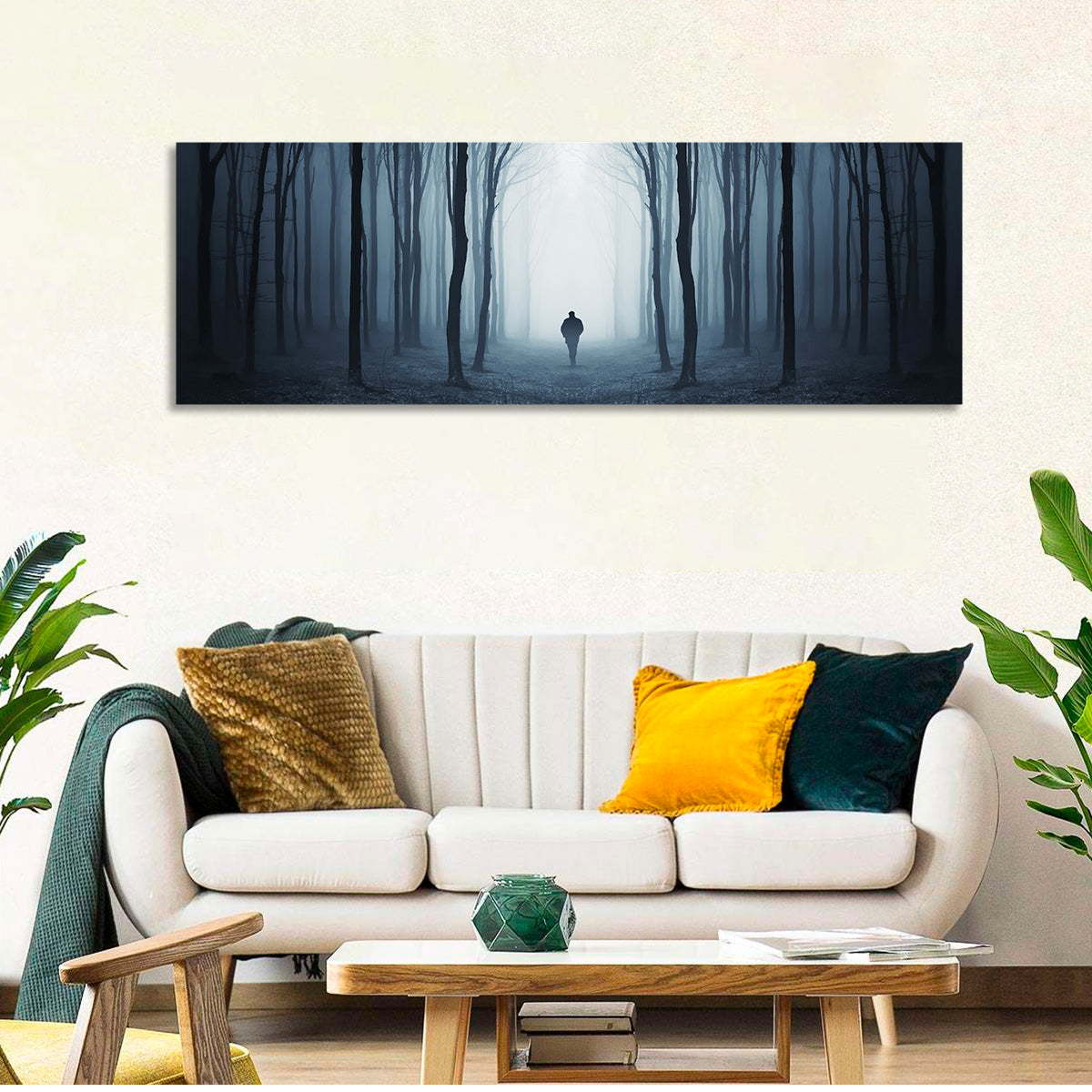 Lone Figure in Misty Forest Wall Art in a room, panoramic