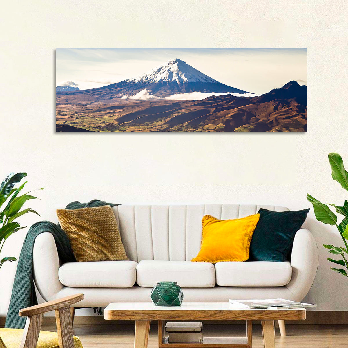 Cotopaxi Volcano Landscape Wall Art in a room, panoramic