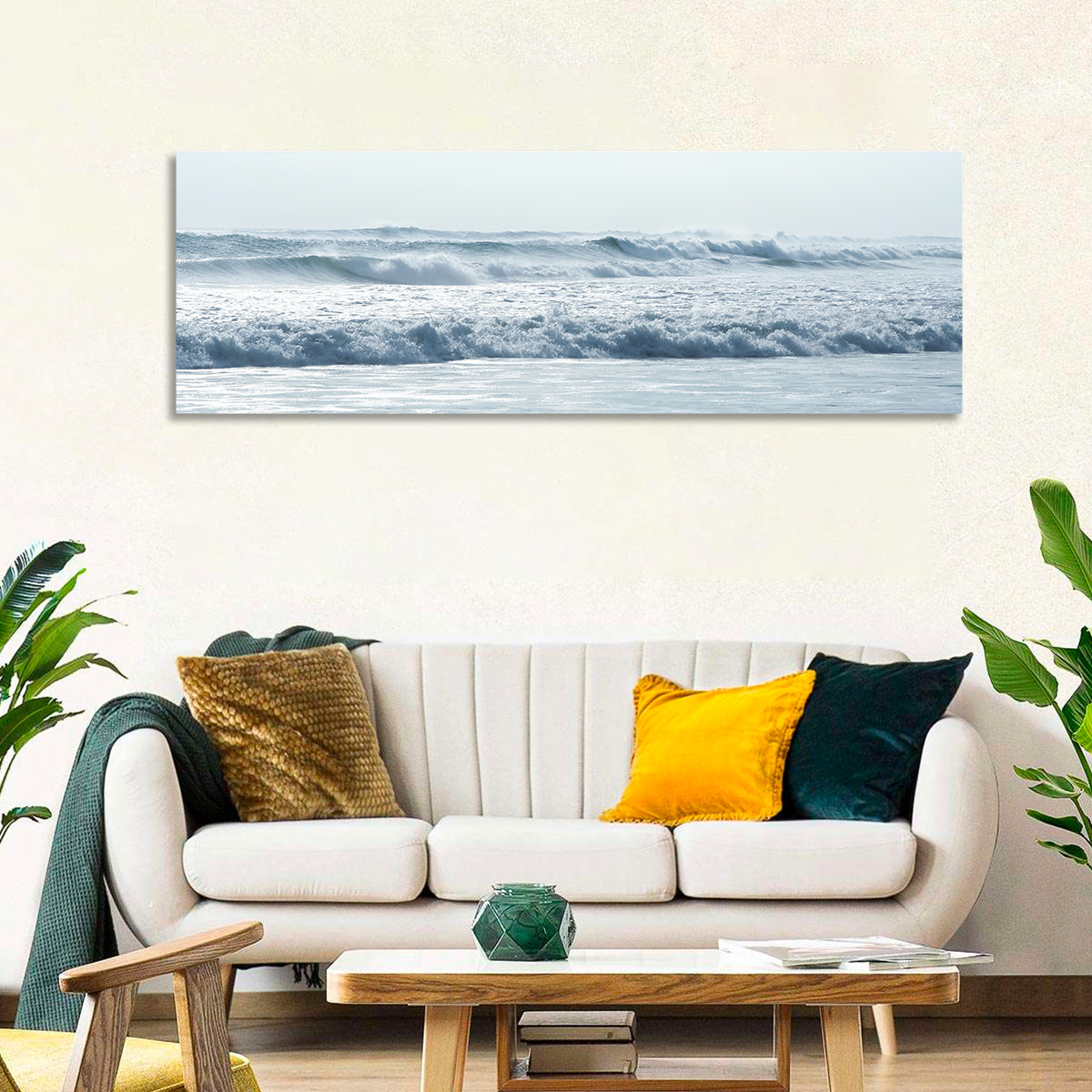 Misty Horizon Ocean Waves Wall Art in a room, panoramic