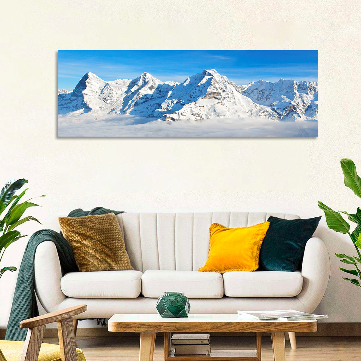 Eiger, Mönch and Jungfrau Peaks Wall Art in a room, panoramic